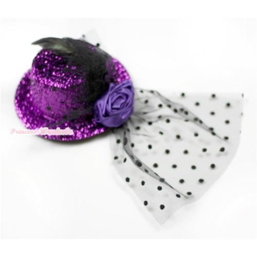 Black Feather and Polka Dots net Sparkle Dark Purple Hat Clip with Dark Purple Rose H621 