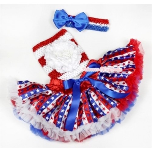 Red White Blue Striped Stars Baby Pettiskirt, White Peony and Red White Striped Crochet Tube Top, Red White Blue Headband with Royal Blue Silk Bow 3PC Set CT539 