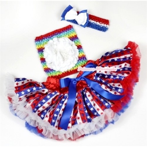 Red White Blue Striped Stars Baby Pettiskirt, White Peony and Rainbow Striped Crochet Tube Top, Red White Blue Headband with White Royal Blue Ribbon Bow 3PC Set CT540 