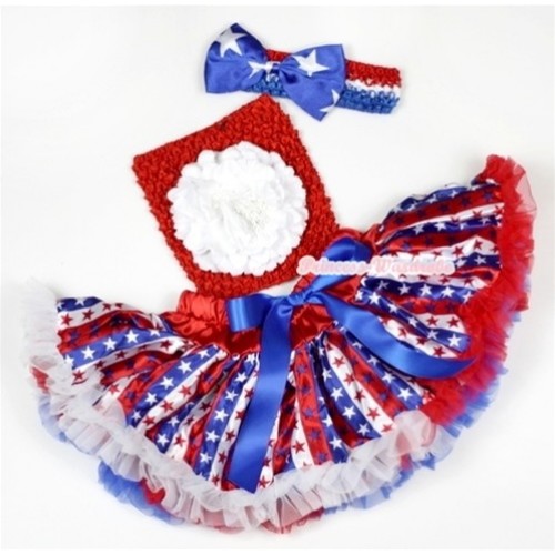 Red White Blue Striped Stars Baby Pettiskirt, White Peony and Red Crochet Tube Top, Red White Blue Headband with Patriotic American Star Satin Bow 3PC Set CT541 