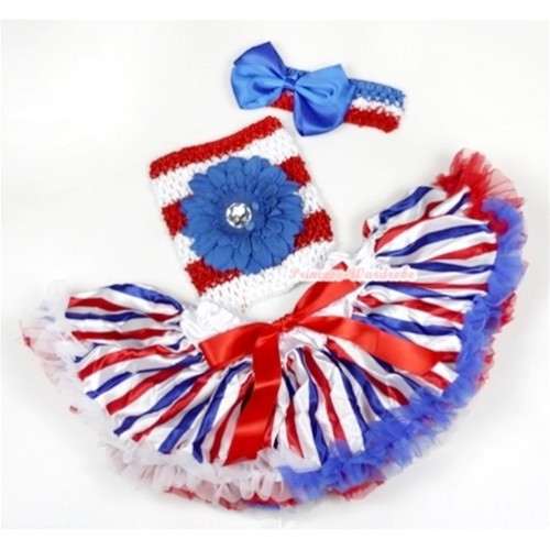 Red White Blue Striped Baby Pettiskirt, Royal Blue Flower and Red White Striped Crochet Tube Top, Red White Blue Headband with Royal Blue Silk Bow 3PC Set CT542 