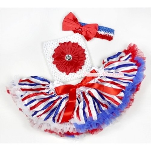 Red White Blue Striped Baby Pettiskirt, Red Flower and White Crochet Tube Top, Red White Blue Headband with Red Satin Bow 3PC Set CT543 