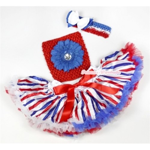 Red White Blue Striped Baby Pettiskirt, Royal Blue Flower and Red Crochet Tube Top, Red White Blue Headband with White Royal Blue Ribbon Bow 3PC Set CT544 