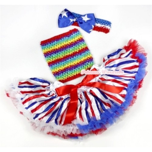Red White Blue Striped Baby Pettiskirt, Rainbow Striped Crochet Tube Top, Red White Blue Headband with Patriotic American Star Satin Bow 3PC Set CT545 
