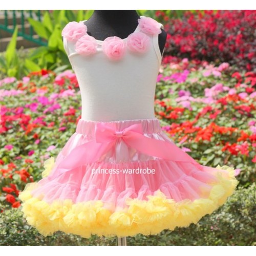 White Tank Tops with Pink Rosettes & Pink Yellow Pettiskirt M05 