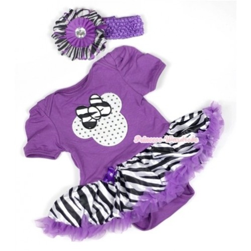 Dark Purple Baby Jumpsuit Dark Purple Zebra Pettiskirt With Saprkle White Minnie Print With Dark Purple Headband Dark Purple Zebra Flower JS583 