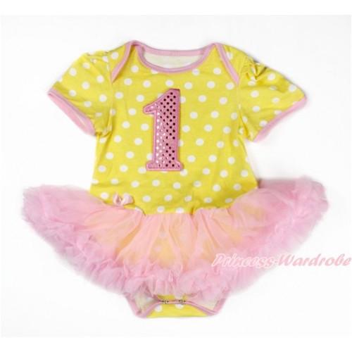 Yellow White Dots Baby Bodysuit Jumpsuit Light Pink Pettiskirt with 1st Sparkle Light Pink Birthday Number Print JS3298 