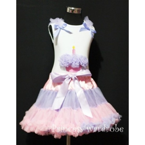 Lavender Pink Multi-colored Pettiskirt With White Birthday Cake Tank Top with Light Purple Rosettes & Lavender Ruffles&Bow MC15 