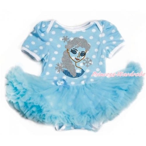 Light Blue White Dots Baby Bodysuit Jumpsuit Light Blue Pettiskirt with Sparkle Crystal Bling Rhinestone Princess Elsa Print JS3308 