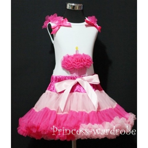 Hot Pink Multi-colored Pettiskirt With White Birthday Cake Tank Top with Hot Pink Rosettes &Hot Pink Ruffles&Bow MC18 
