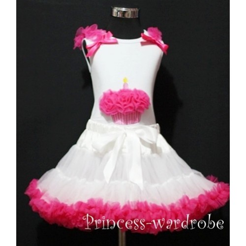 White Hot Pink Pettiskirt With White Birthday Cake Tank Top with Hot Pink Rosettes & Hot Pink Ruffles&Bow MC20 