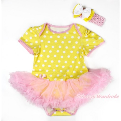 Yellow White Dots Baby Bodysuit Jumpsuit Light Pink Pettiskirt With Light Pink Headband White Yellow Ribbon Bow JS3310 