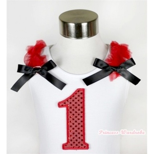 White Tank Top With 1st Sparkle Red Birthday Number Print with Red Ruffles & Black Bow TB357 