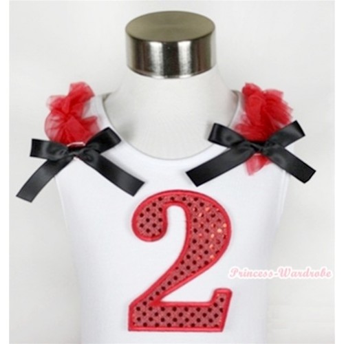 White Tank Top With 2nd Sparkle Red Birthday Number Print with Red Ruffles & Black Bow TB358 