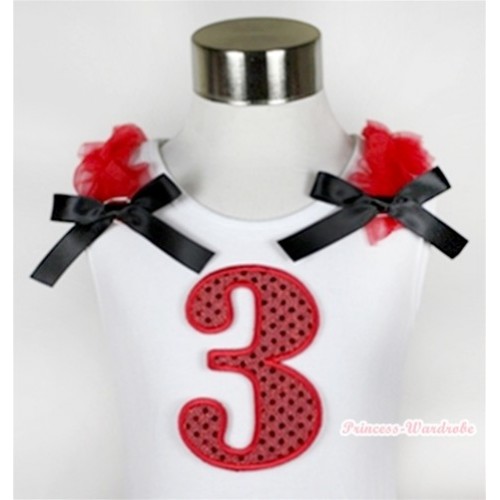 White Tank Top With 3rd Sparkle Red Birthday Number Print with Red Ruffles & Black Bow TB359 