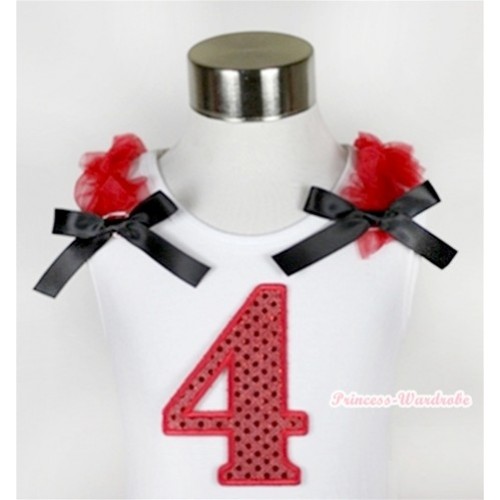 White Tank Top With 4th Sparkle Red Birthday Number Print with Red Ruffles & Black Bow TB360 
