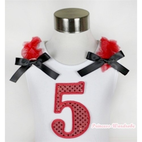 White Tank Top With 5th Sparkle Red Birthday Number Print with Red Ruffles & Black Bow TB361 