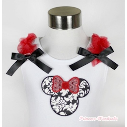 White Tank Top With Sparkle Red Damask Minnie Print with Red Ruffles & Black Bow TB363 
