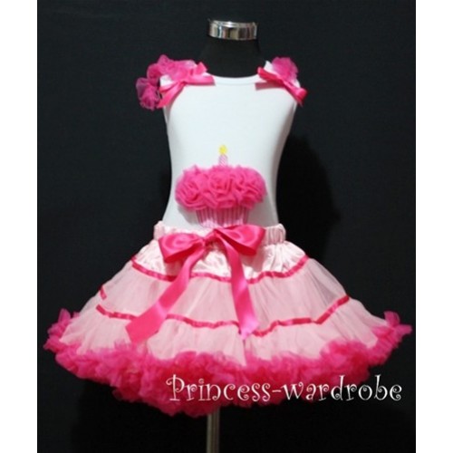 Hot Light Pink with Trim Pettiskirt With White Birthday Cake Tank Top with Hot Pink Rosettes & Hot Pink Ruffles&Bow MC21 