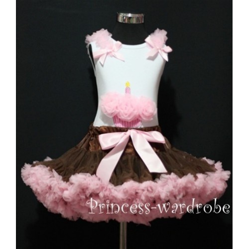 Brown Light Pink Pettiskirt With White Birthday Cake Tank Top with Light Pink Rosettes & Light Pink Ruffles&Bow MC25 