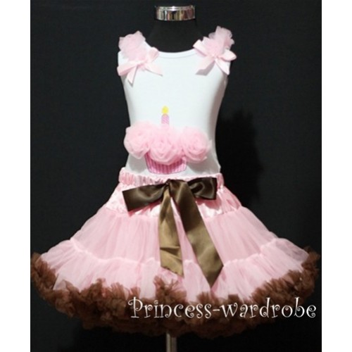 Light Pink Brown Pettiskirt With White Birthday Cake Tank Top with Light Pink Rosettes & Light Pink Ruffles&Bow MC28 
