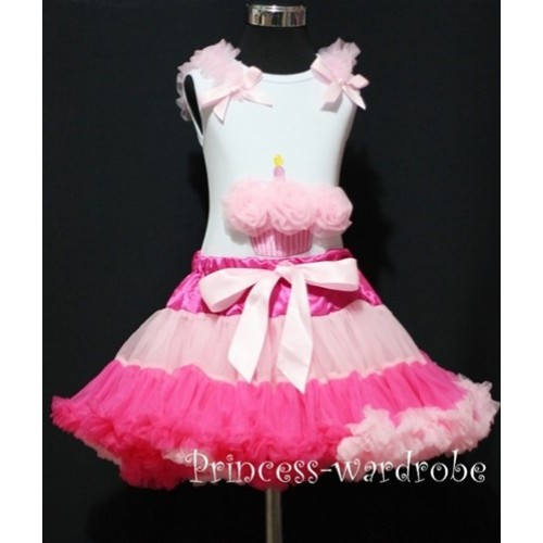 Hot Pink Multi-colored Pettiskirt With White Birthday Cake Tank Top with Light Pink Rosettes & Light Pink Ruffles&Bow MC31 