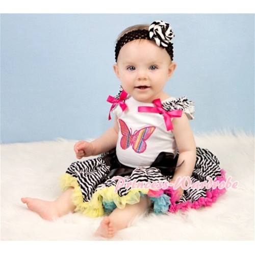 White Baby Pettitop & Rainbow Butterfly & Ruffles & Hot Pink Bows with Rainbow Zebra Baby Pettiskirt NG357 