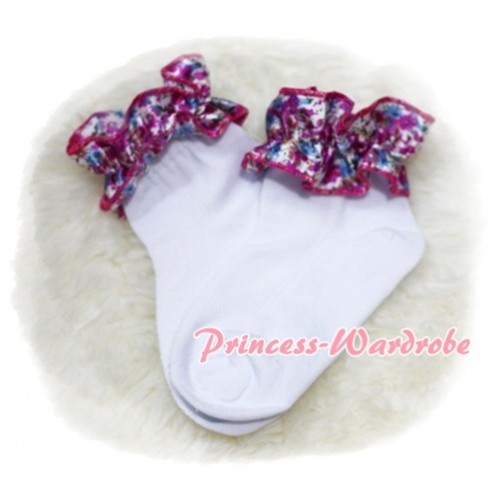 Plain Style Pure White Socks with Hot Pink Floral Ruffles H210 