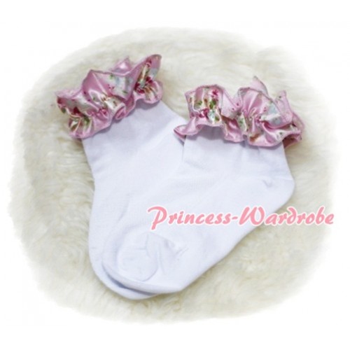 Plain Style Pure White Socks with Light Pink Floral Ruffles H211 