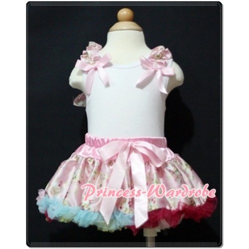 White Baby Pettitop & Light Pink Floral Ruffles & Light Pink Bow with Light Pink Floral Baby Pettiskirt NG363 
