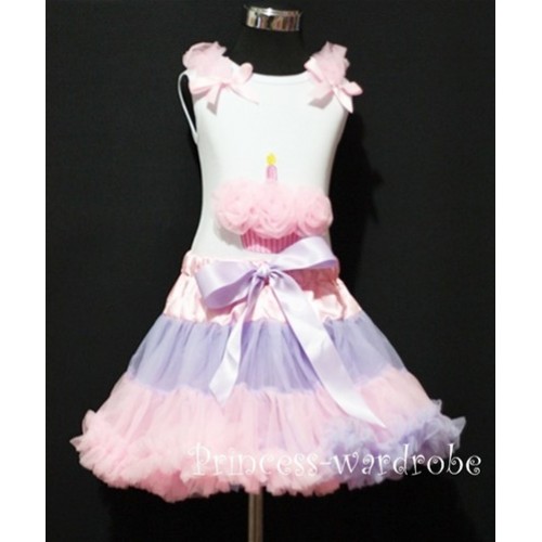 Light Purple Pink Multi-colored Pettiskirt With White Birthday Cake Tank Top with Light Pink Rosettes & Light Pink Ruffles&Bow MC36 