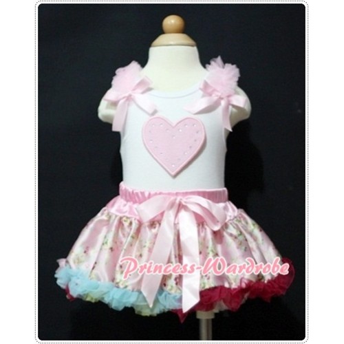 White Baby Pettitop & Light Pink Heart & Light Pink Ruffles & Light Pink Bows with Light Pink Floral Baby Pettiskirt NG368 