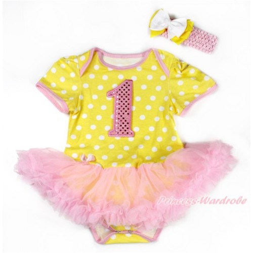Yellow White Dots Baby Bodysuit Jumpsuit Light Pink Pettiskirt With 1st Sparkle Light Pink Birthday Number Print With Light Pink Headband White Yellow Ribbon Bow JS3325 