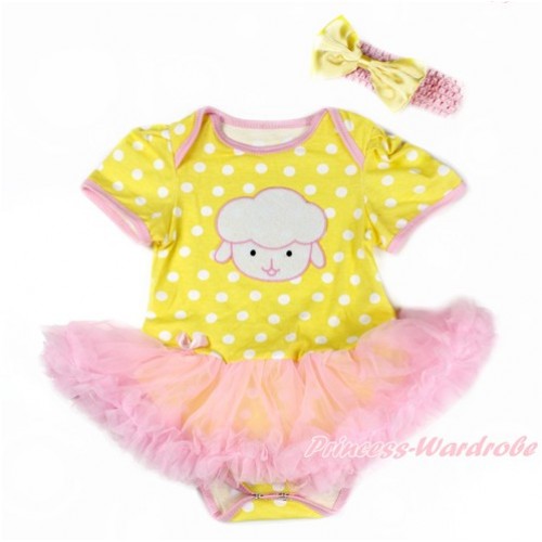 Easter Yellow White Dots Baby Bodysuit Jumpsuit Light Pink Pettiskirt With Sheep Print With Light Pink Headband Yellow Satin Bow JS3326 