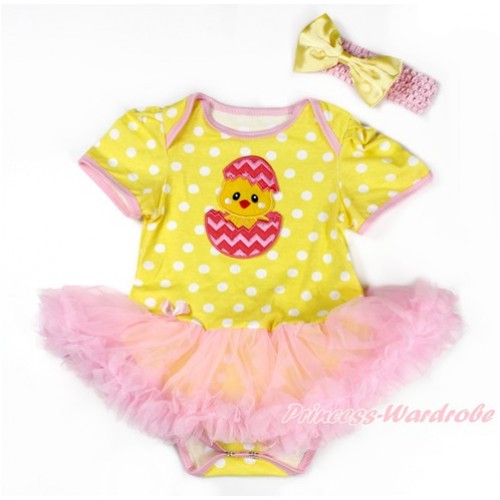 Easter Yellow White Dots Baby Bodysuit Jumpsuit Light Pink Pettiskirt With Chick Egg Print With Light Pink Headband Yellow Satin Bow JS3327 