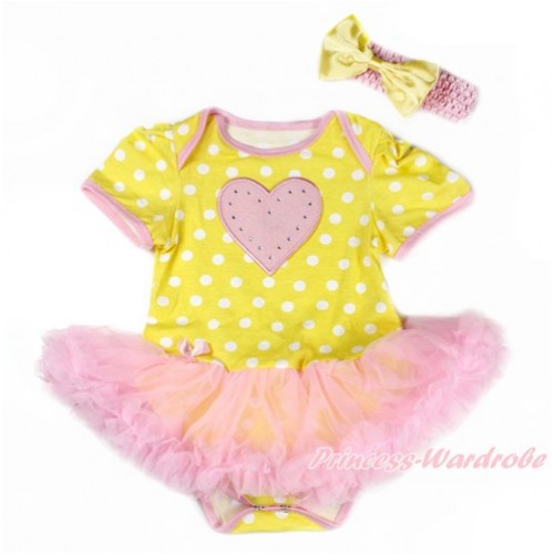 Valentine's Day Yellow White Dots Baby Bodysuit Jumpsuit Light Pink Pettiskirt With Light Pink Heart Print With Light Pink Headband Yellow Satin Bow JS3328 