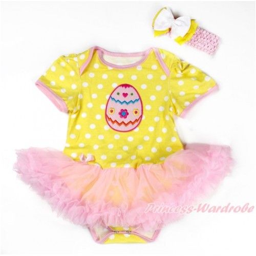 Easter Yellow White Dots Baby Bodysuit Jumpsuit Light Pink Pettiskirt With Easter Egg Print With Light Pink Headband White Yellow Ribbon Bow JS3330 