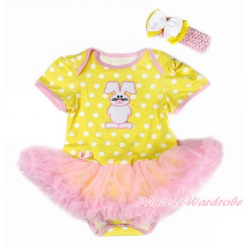 Easter Yellow White Dots Baby Bodysuit Jumpsuit Light Pink Pettiskirt With Bunny Rabbit Print With Light Pink Headband White Yellow Ribbon Bow JS3331 