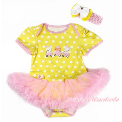 Easter Yellow White Dots Baby Bodysuit Jumpsuit Light Pink Pettiskirt With Bunny Rabbit Egg Print With Light Pink Headband White Yellow Ribbon Bow JS3332 