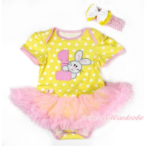 Easter Yellow White Dots Baby Bodysuit Jumpsuit Light Pink Pettiskirt With 1st Light Pink White Dots Birthday Number & Bunny Rabbit Print With Light Pink Headband White Yellow Ribbon Bow JS3333 