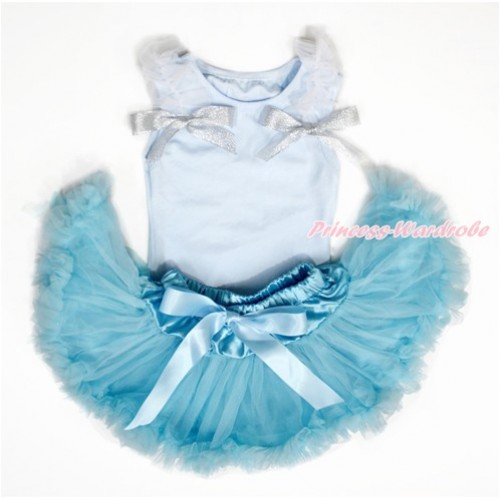 Light Blue Baby Pettitop & White Ruffles & Sparkle Silver Grey Bows with Light Blue Newborn Pettiskirt NG1451 