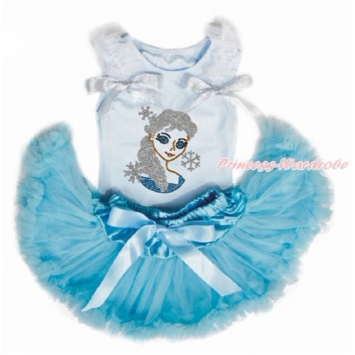 Light Blue Baby Pettitop with White Ruffles & Sparkle Silver Grey Bows with Sparkle Crystal Bling Rhinestone Princess Elsa Print with Light Blue Newborn Pettiskirt NG1452 