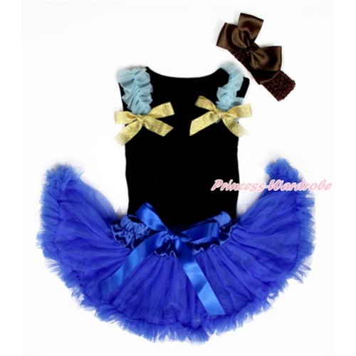 Black Baby Pettitop & Light Blue Ruffles & Sparkle Goldenrod Bow with Royal Blue Newborn Pettiskirt With Brown Headband Brown Silk Bow NG1457 