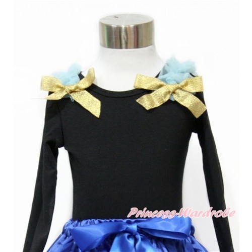 Black Long Sleeves Top with Light Blue Ruffles & Sparkle Goldenrod Bow TO354 