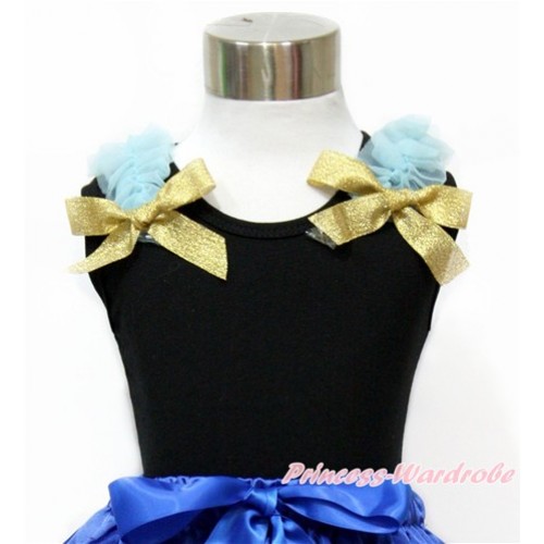Black Tank Top with Light Blue Ruffles and Sparkle Goldenrod Bow TB757 