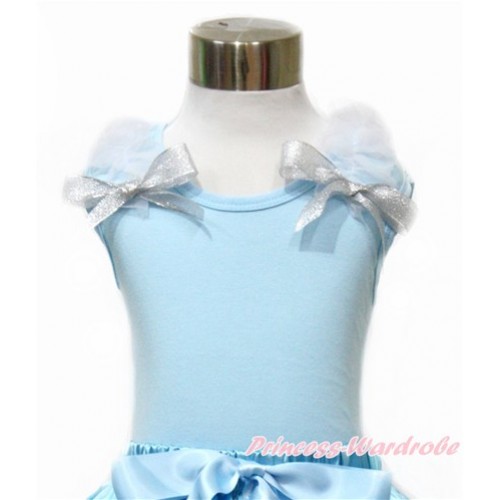 Light Blue Tank Top with White Ruffles and Sparkle Silver Grey Bow TM258 
