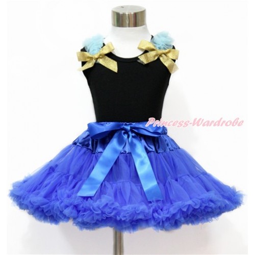 Black Tank Tops with Light Blue Ruffles and Sparkle Goldenrod Bow & Royal Blue Pettiskirt MG1157 