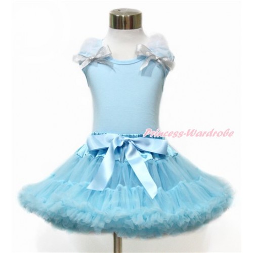 Light Blue Tank Tops with White Ruffles and Sparkle Silver Grey Bow & Light Blue Pettiskirt MH199 