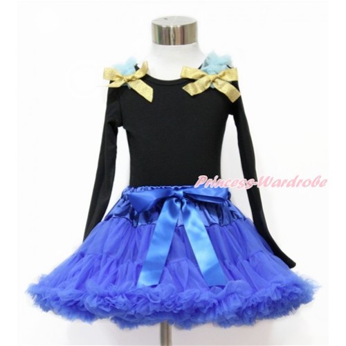 Black Long Sleeve Top with Light Blue Ruffles & Sparkle Goldenrod Bow with Matching Royal Blue Pettiskirt  MW469 