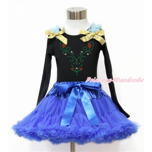 Black Long Sleeve Top with Light Blue Ruffles & Sparkle Goldenrod Bow with Sparkle Crystal Bling Rhinestone Princess Anna Print with Royal Blue Pettiskirt MW470 